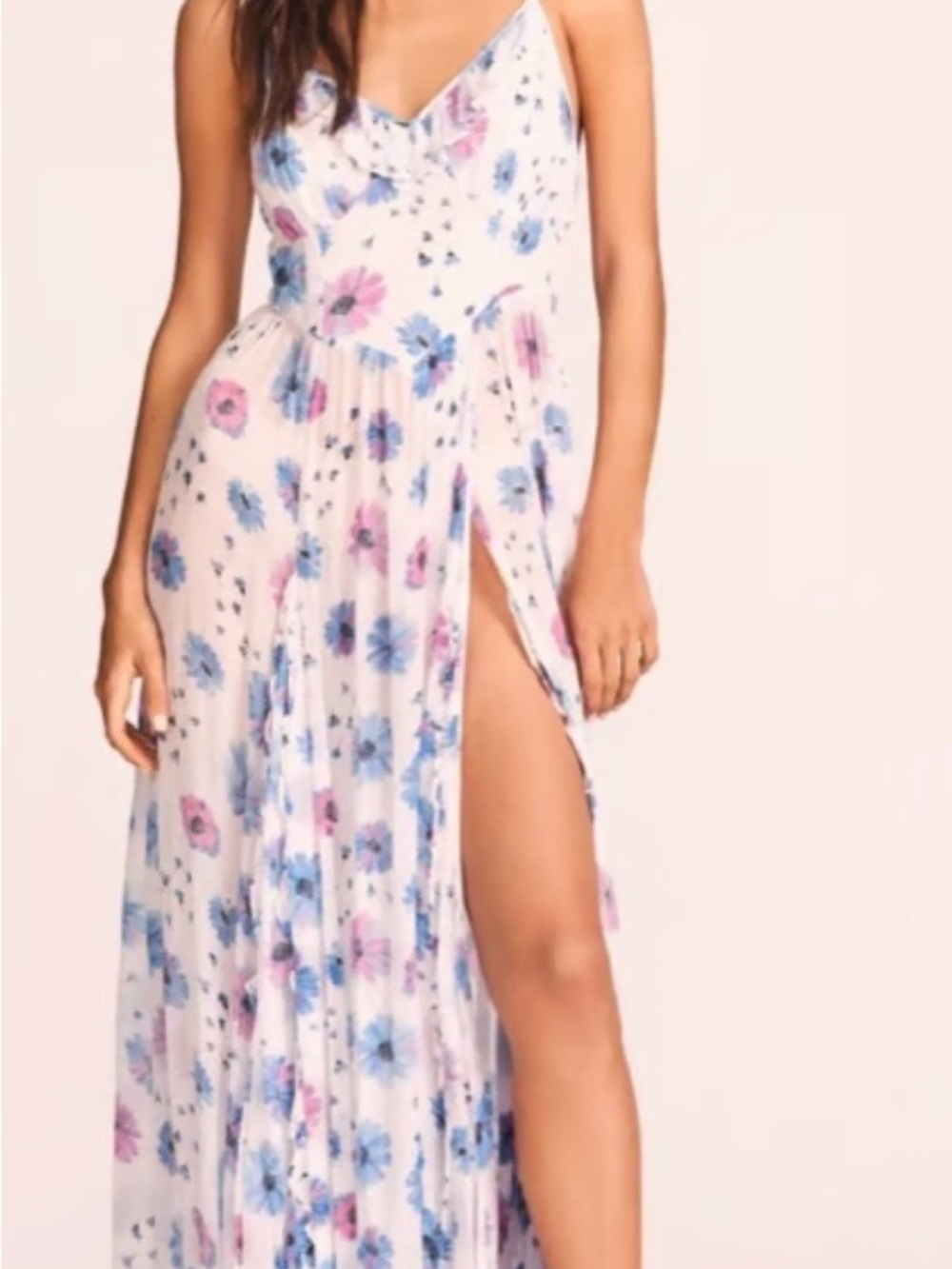 LoveshackFancy Floral Maxi Slip Dress with Side Slit - White/Pink/Blue